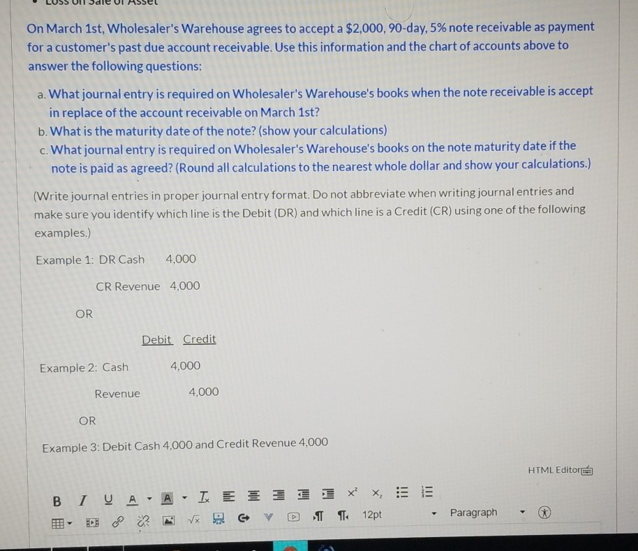 entries in the space provided below. Chart of Accounts Cash Accounts Receivable