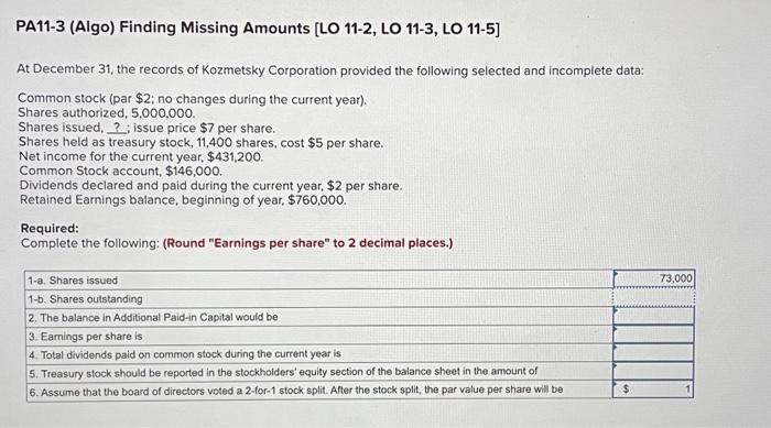  PA11-3 (Algo) Finding Missing Amounts [LO 11-2, LO 11-3, LO 11-5]