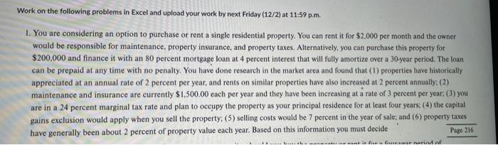 on the following problems in Excel and upload your work by next