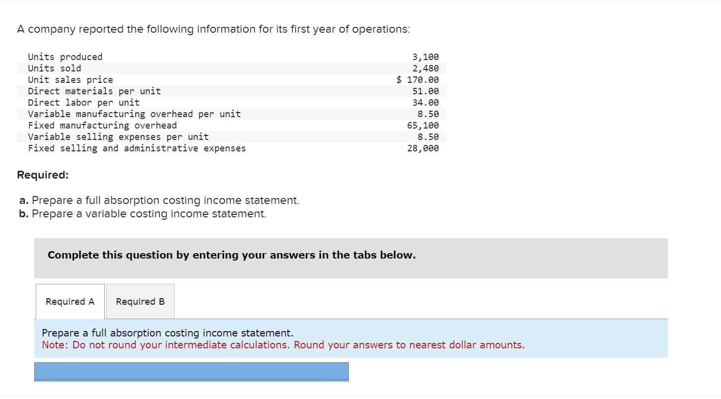 a. Prepare a full absorption costing income statement. b. Prepare a