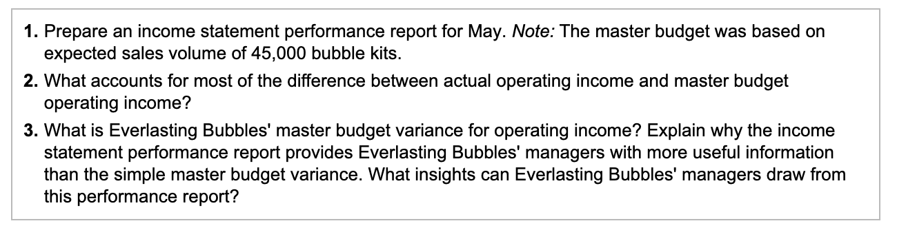 1. Prepare an income statement performance report for May. Note: The