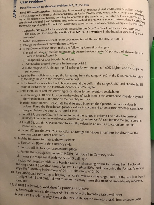 ExcelModule 2 Formatting Workbook Text and Data Case probelm 1 ale Suppliers,