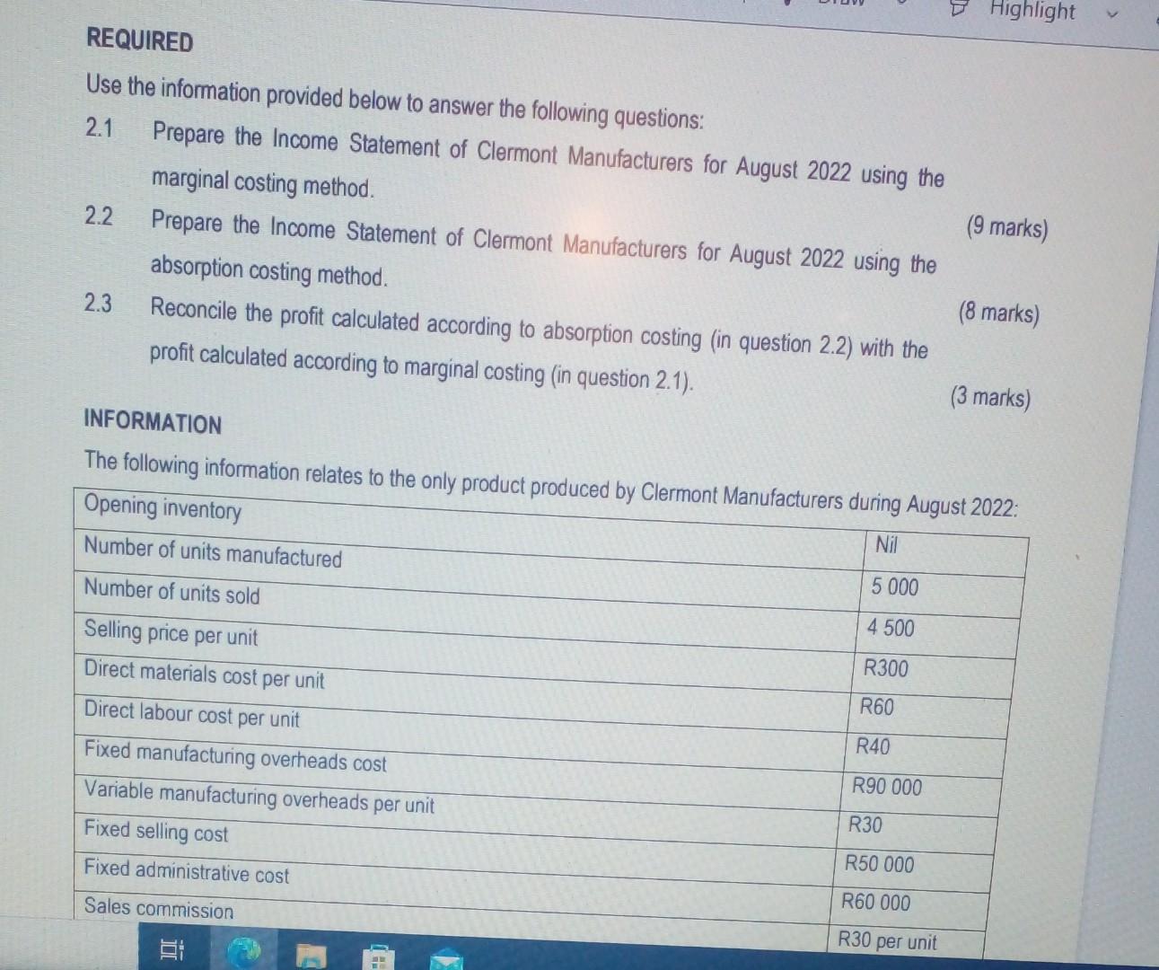  REQUIRED Use the information provided below to answer the following questions: