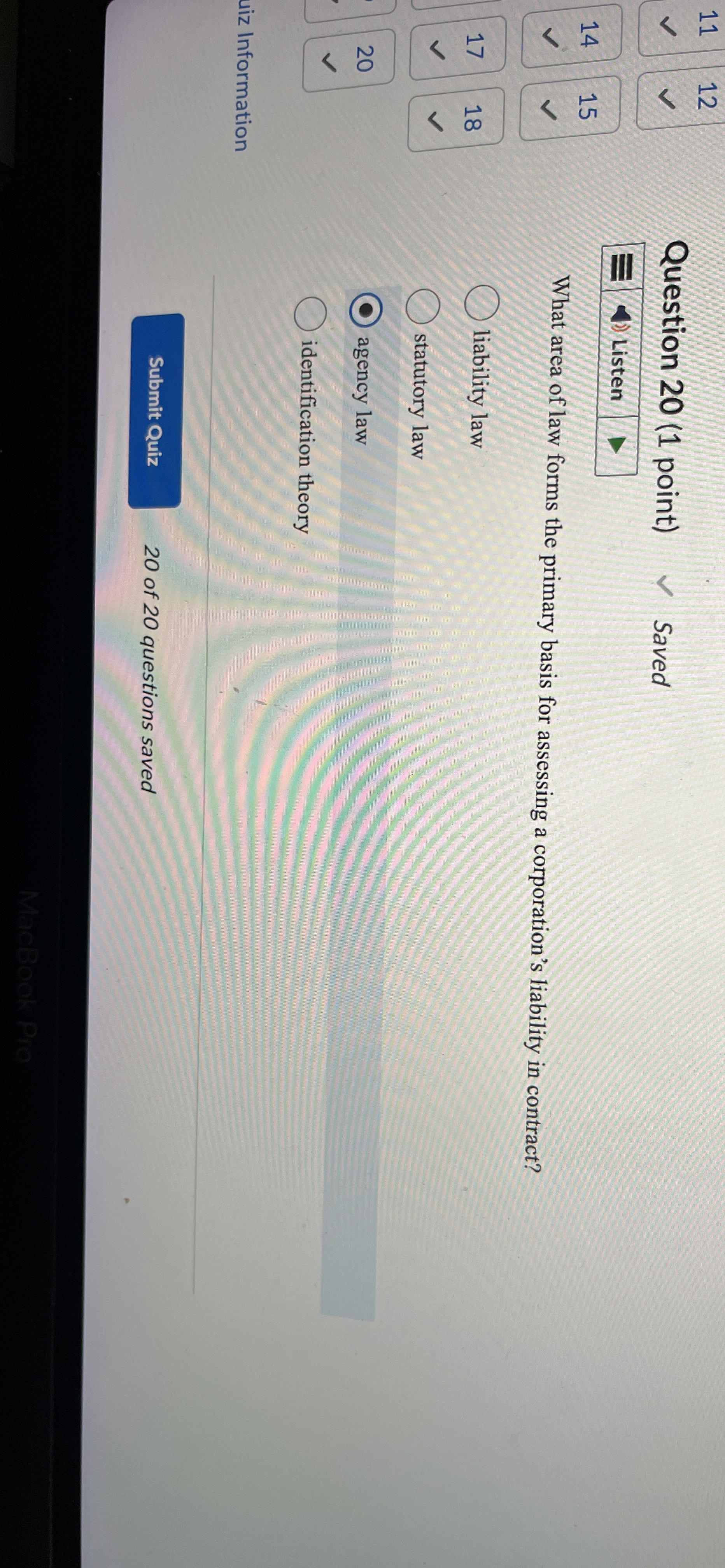  11 12 14 Question 20(1 point) Saved Listen What area of