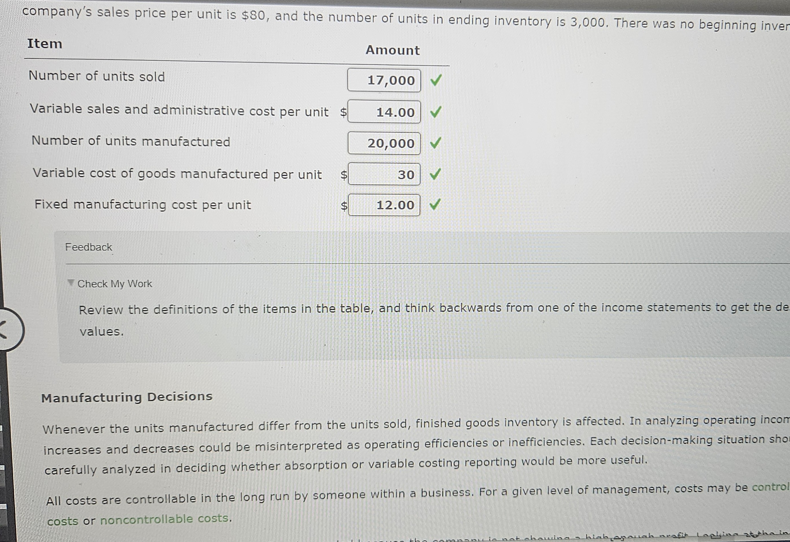 total units manufactured changes, assume that total fixed costs, unit variable costs,