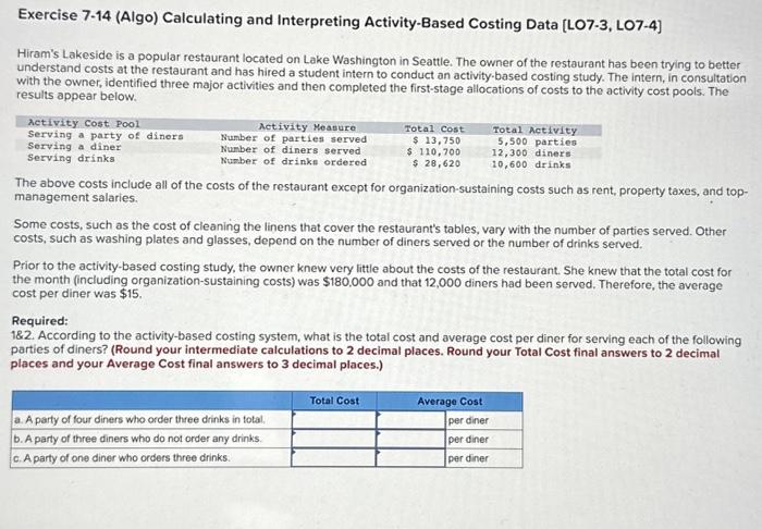  Exercise 7-14 (Algo) Calculating and Interpreting Activity-Based Costing Data [LO7-3, LO7-4]