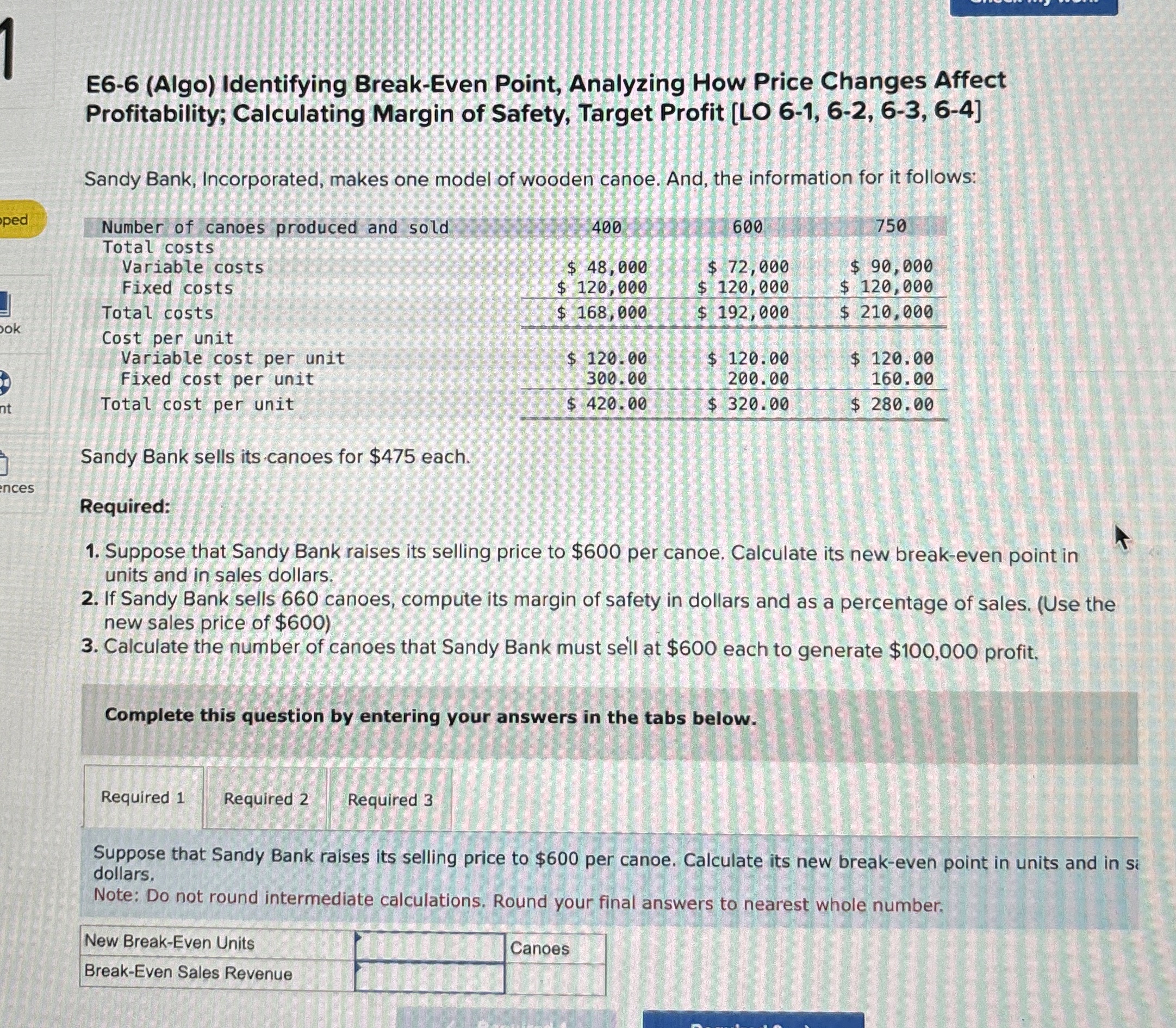  E6-6(Algo) Identifying Break-Even Point, Analyzing How Price Changes Affect Profitability; Calculating
