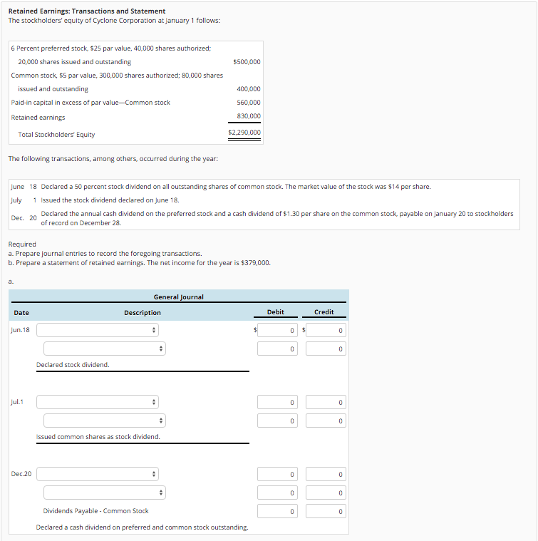 Help Needed! Retained Earnings: Transactions and Statement The stockholders' equity of Cyclone