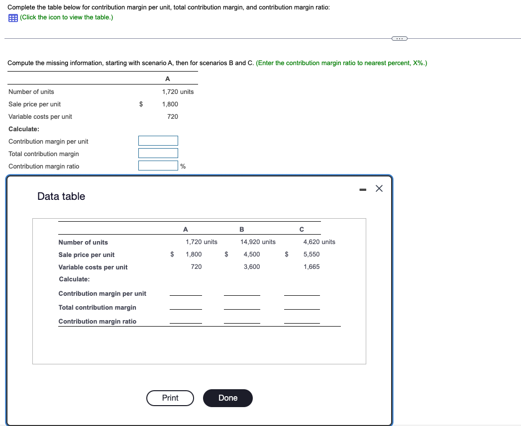  Complete the table below for contribution margin per unit, total contribution