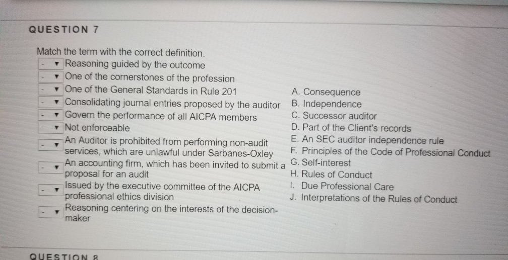  Principles Of Auditing Chapter 4 QUESTION 7 Match the term with