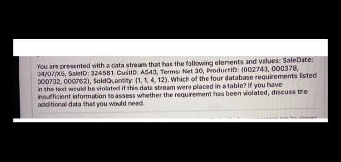 that has the following elements and values: SaleDate: 04/07/X5, SalelD: 324581, CustID:
