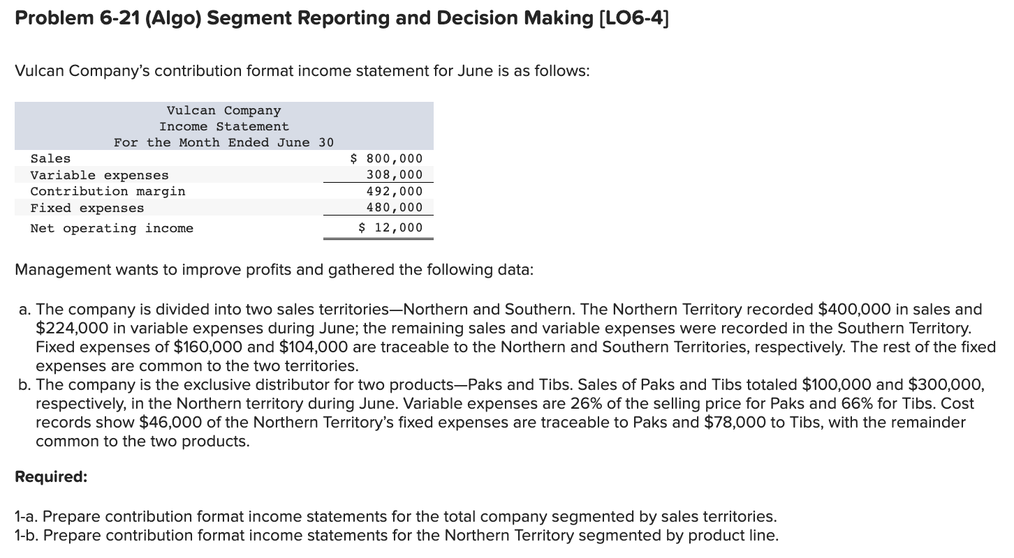  Problem 6-21 (Algo) Segment Reporting and Decision Making [LO6-4] Vulcan Company's
