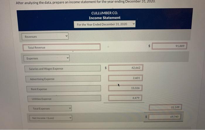 After analyzing the data, prepare an income statement for the year