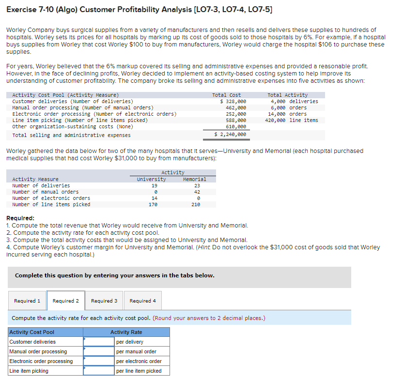Customer Profitability Analysis [LO7-3, LO7-4, LO7-5] Worley Company buys surgical supplies from