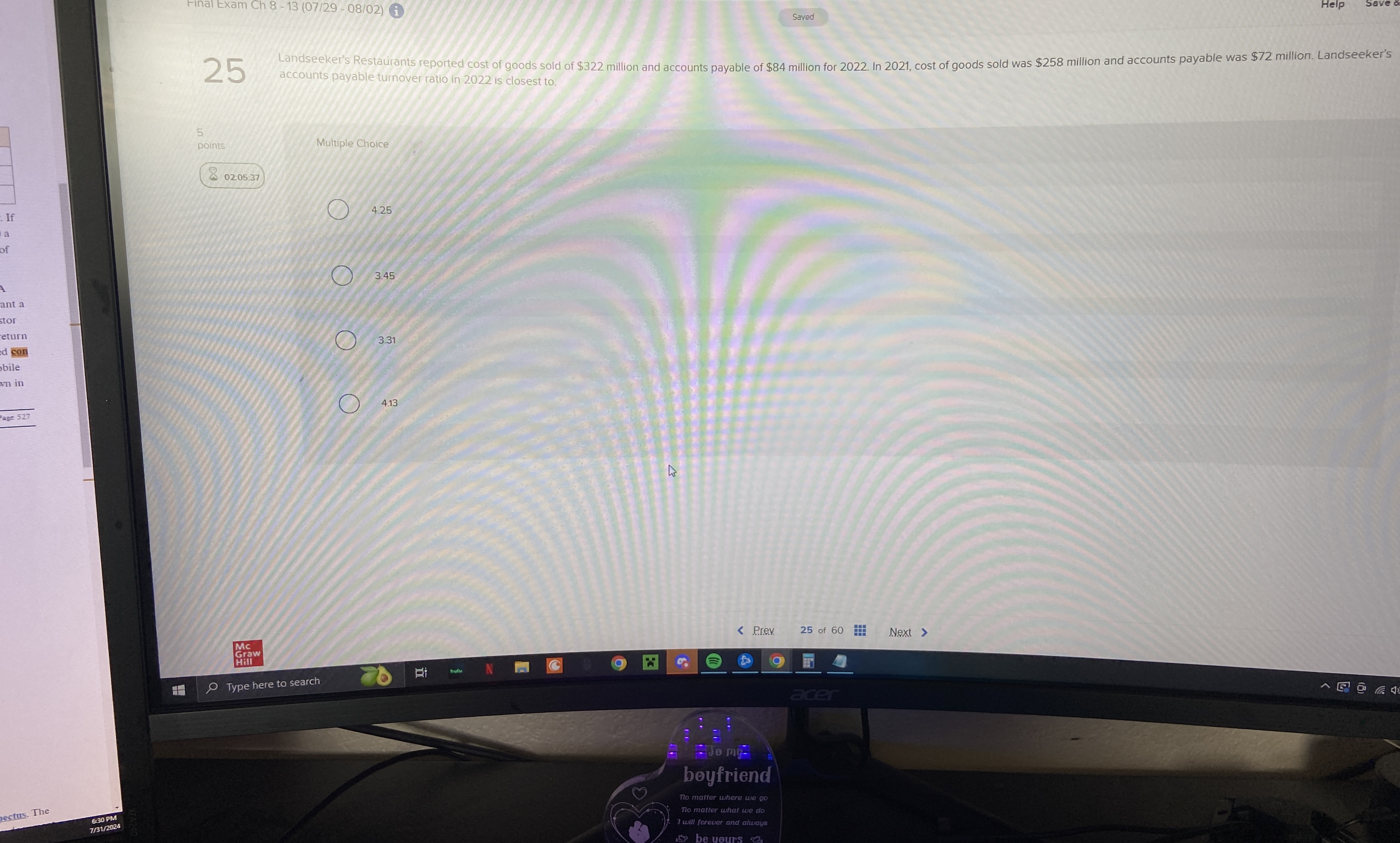  25 ccounts payable turnover ratio in 2022 is closest to: Multiple