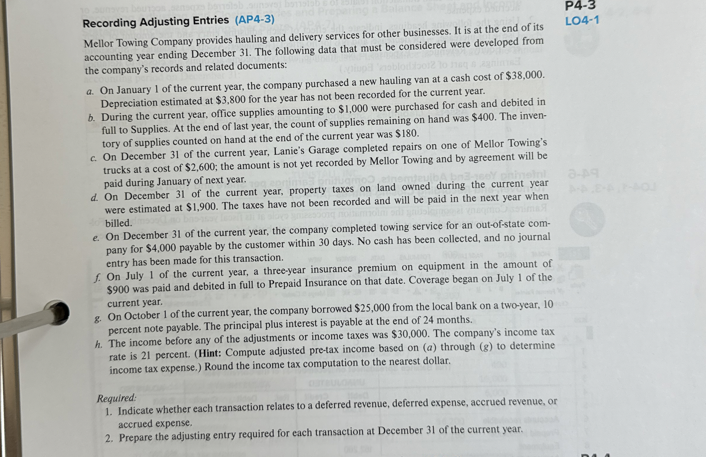  Recording Adjusting Entries (AP4-3) Mellor Towing Company provides hauling and delivery