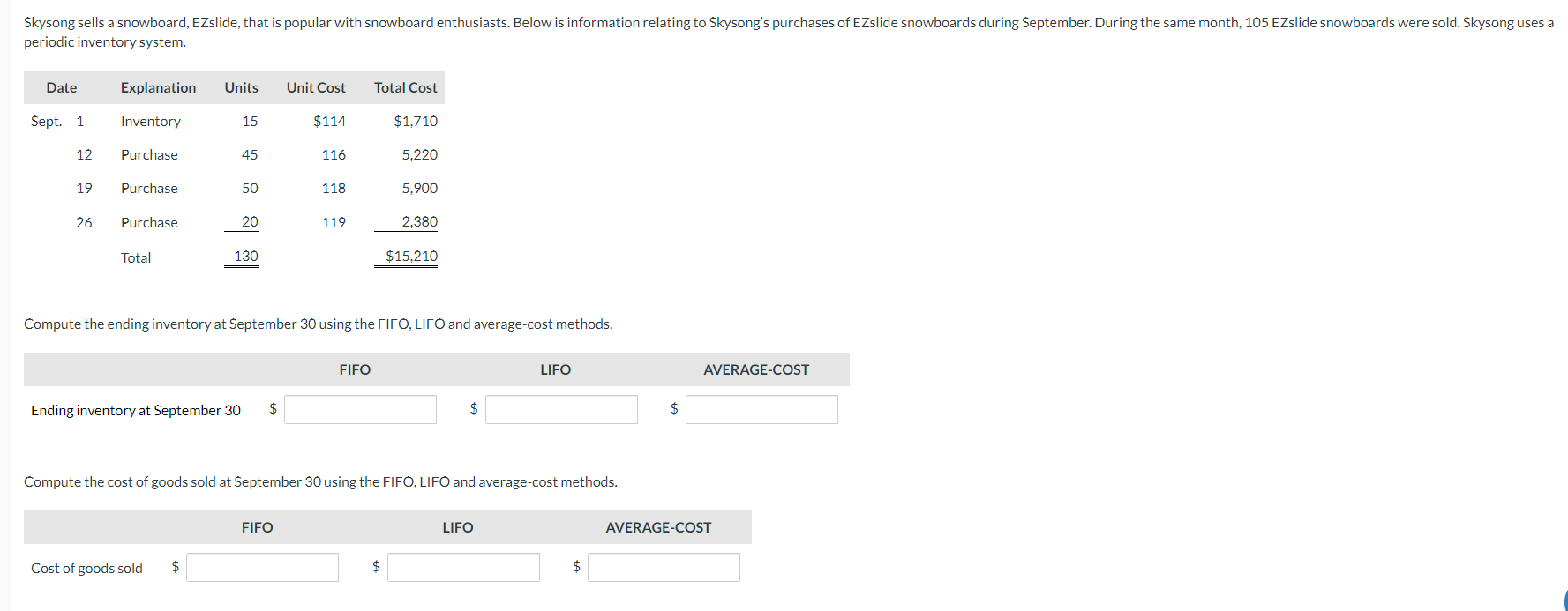  periodic inventory system. \table[[Date,Explanation,Units,Unit Cost,Total Cost],[Sept.1,Inventory,15,$114,$1,710],[12,Purchase,45,116,5,220],[19,Purchase,50,118,5,900],[26,Purchase,20_,119,2,380],[,Total,130_,,$15,210]] Compute the ending inventory at