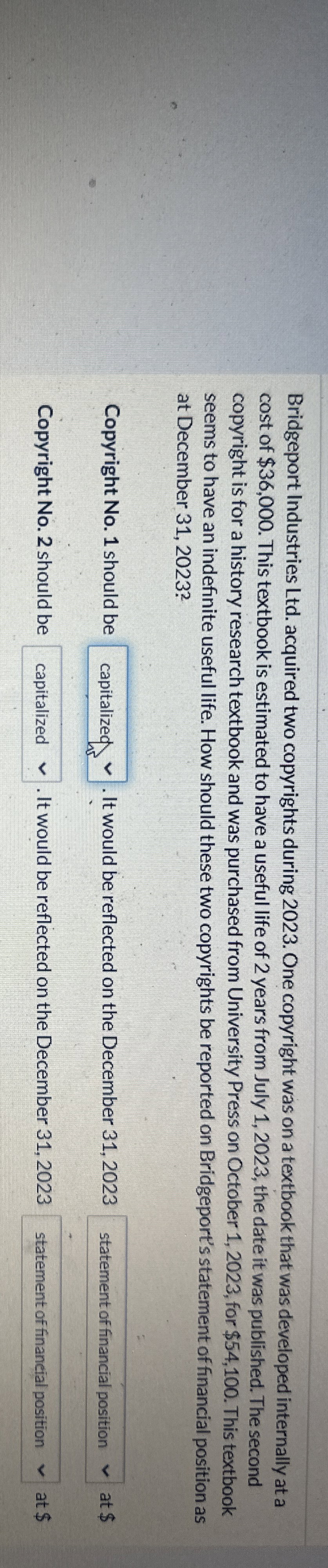  Bridgeport Industries Ltd. acquired two copyrights during 2023. One copyright was