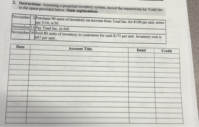  2. Instructions: Assuming a perpetual inventory system, record the transactions for