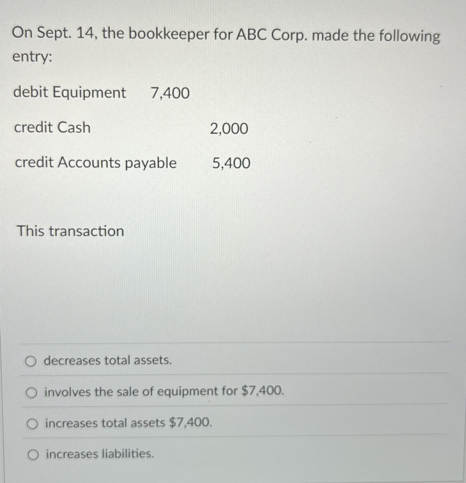  On Sept. 14, the bookkeeper for ABC Corp. made the following