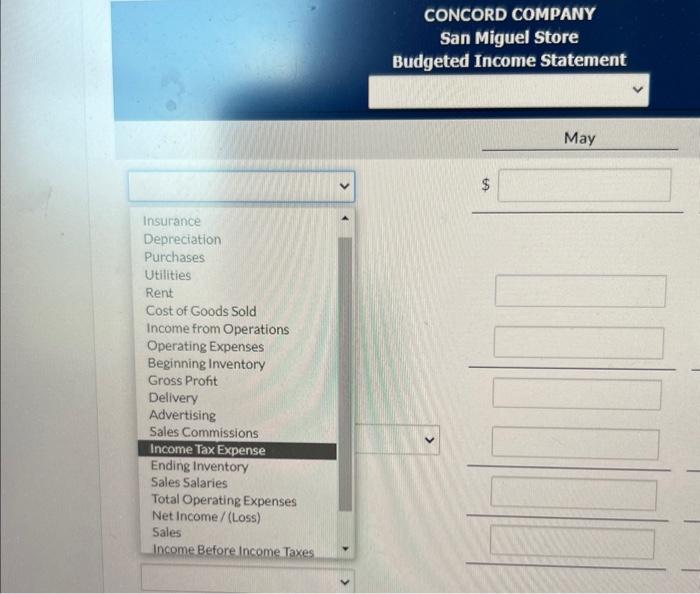 lines/white boxes available on left side) The budget committee of Concord Company