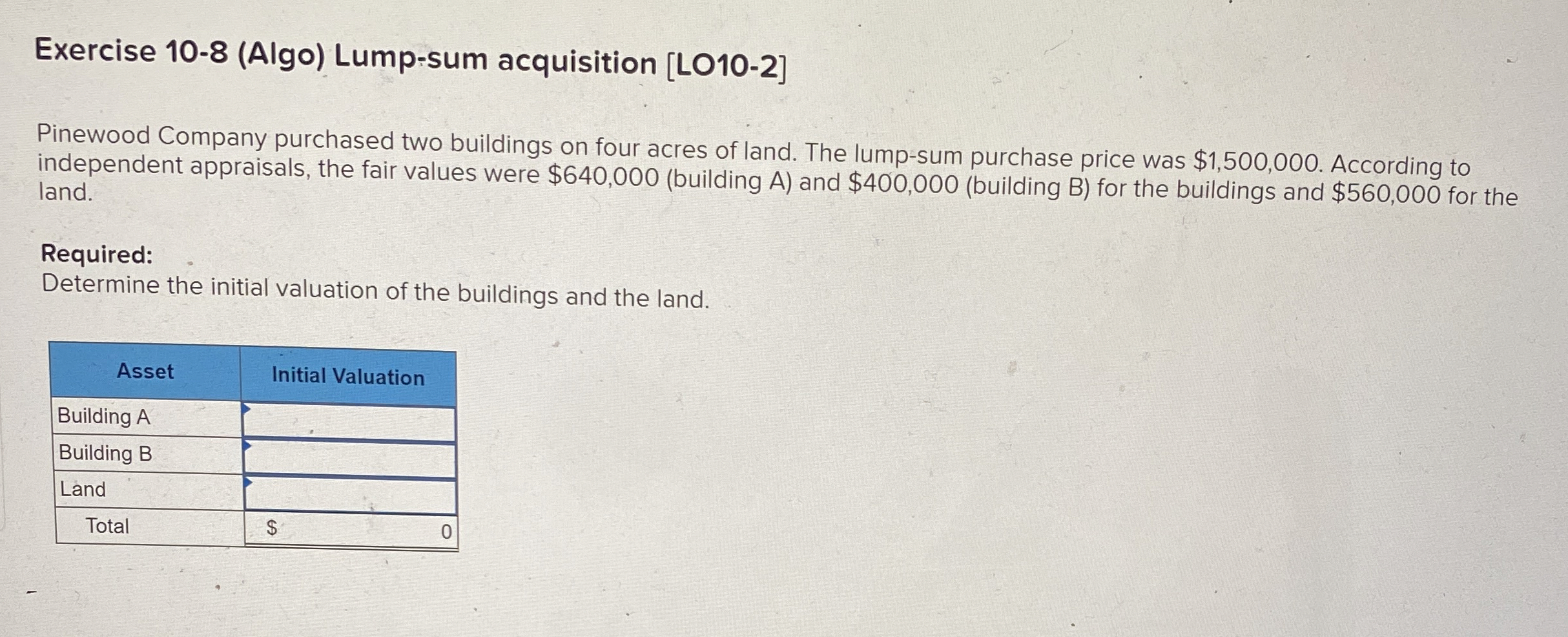  Exercise 10-8(Algo) Lump-sum acquisition [LO10-2] Pinewood Company purchased two buildings on