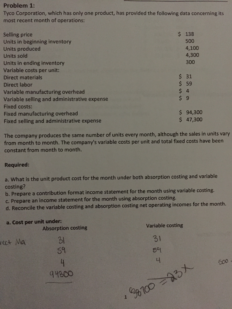  Problem 1: Tyco Corporation, which has only one product, has provided