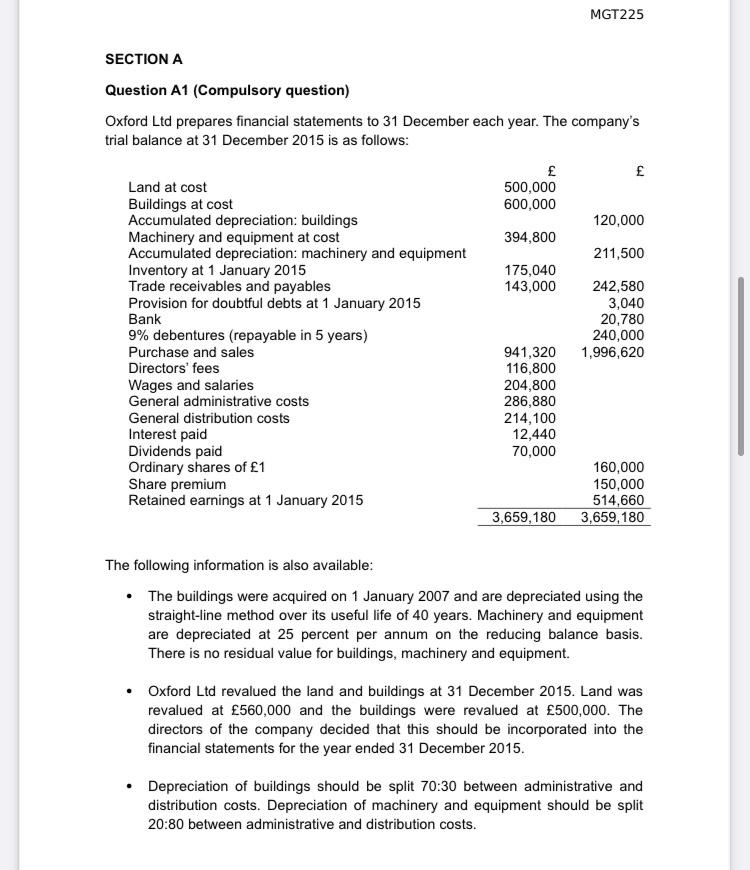 please write detailed process MGT225 SECTION A Question A1 (Compulsory question) Oxford