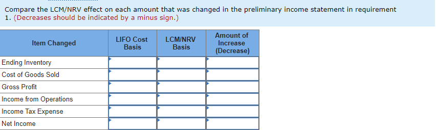 the preliminary income statement in requirement 1. (Decreases should be indicated by