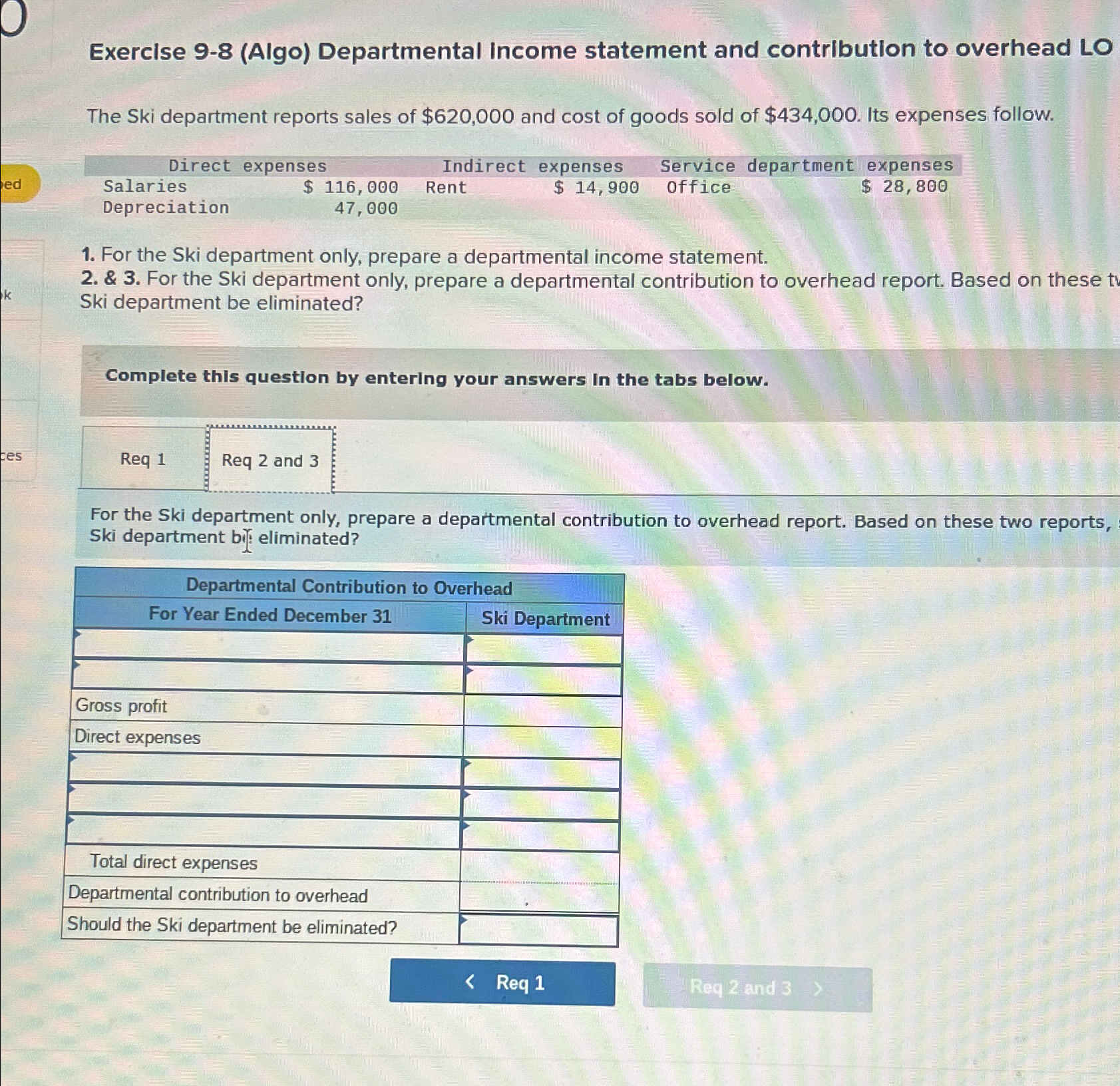  Exercise 9-8(Algo) Departmental Income statement and contribution to overhead LO The