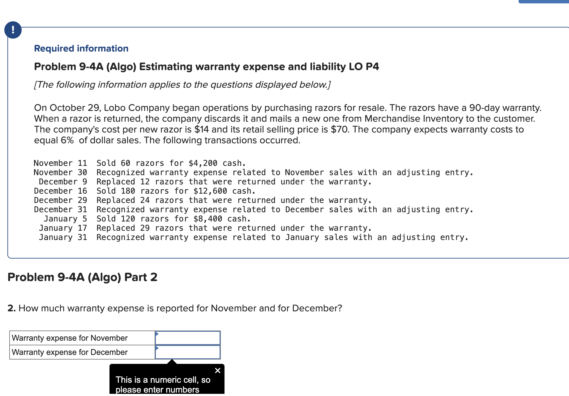  Required information Required information Problem 9-4A (Algo) Estimating warranty expense and