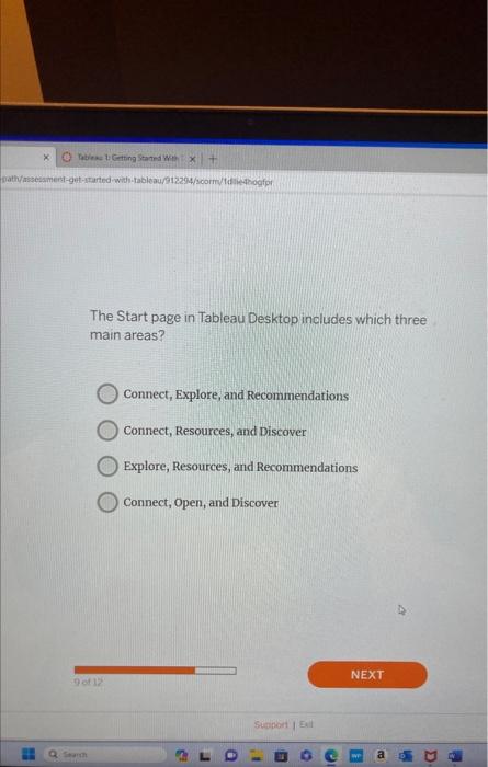  The Start page in Tableau Desktop includes which three main areas?