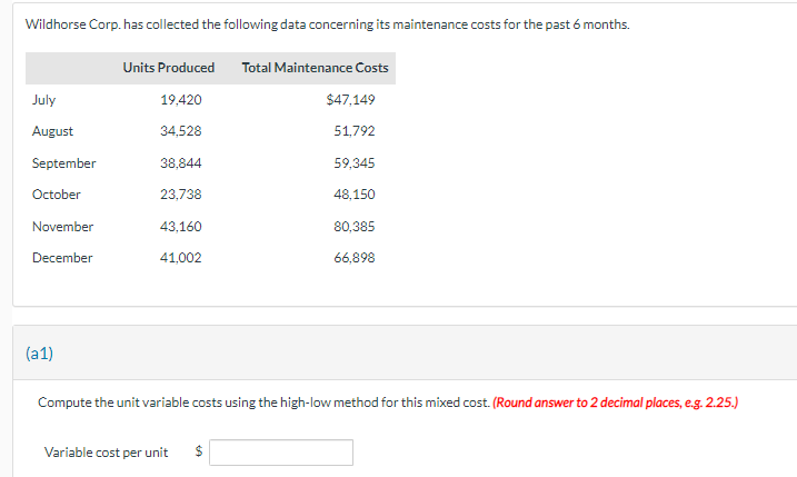 (A2) Compute the fixed cost elements using the high-low method. Fixed costs