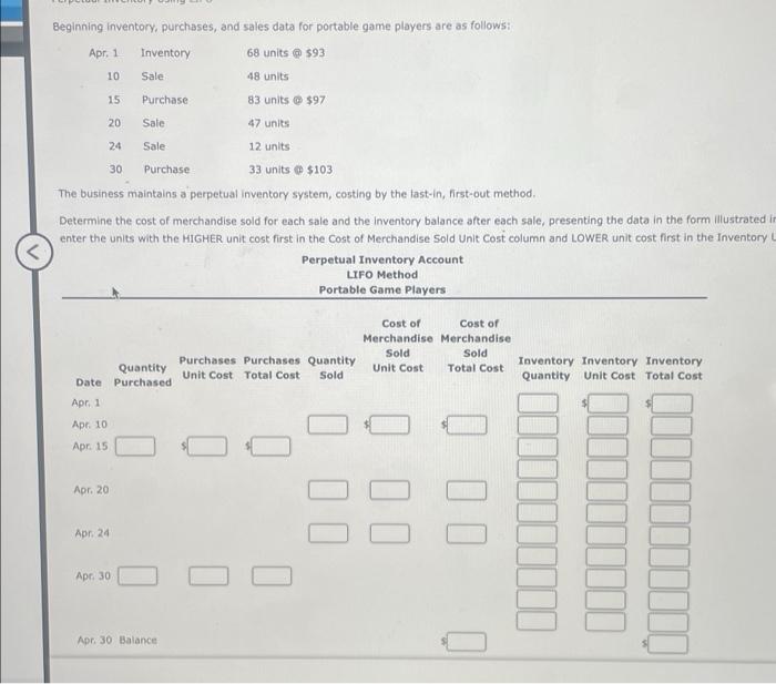 solve using lifo Beginning inventory, purchases, and sales data for portable game