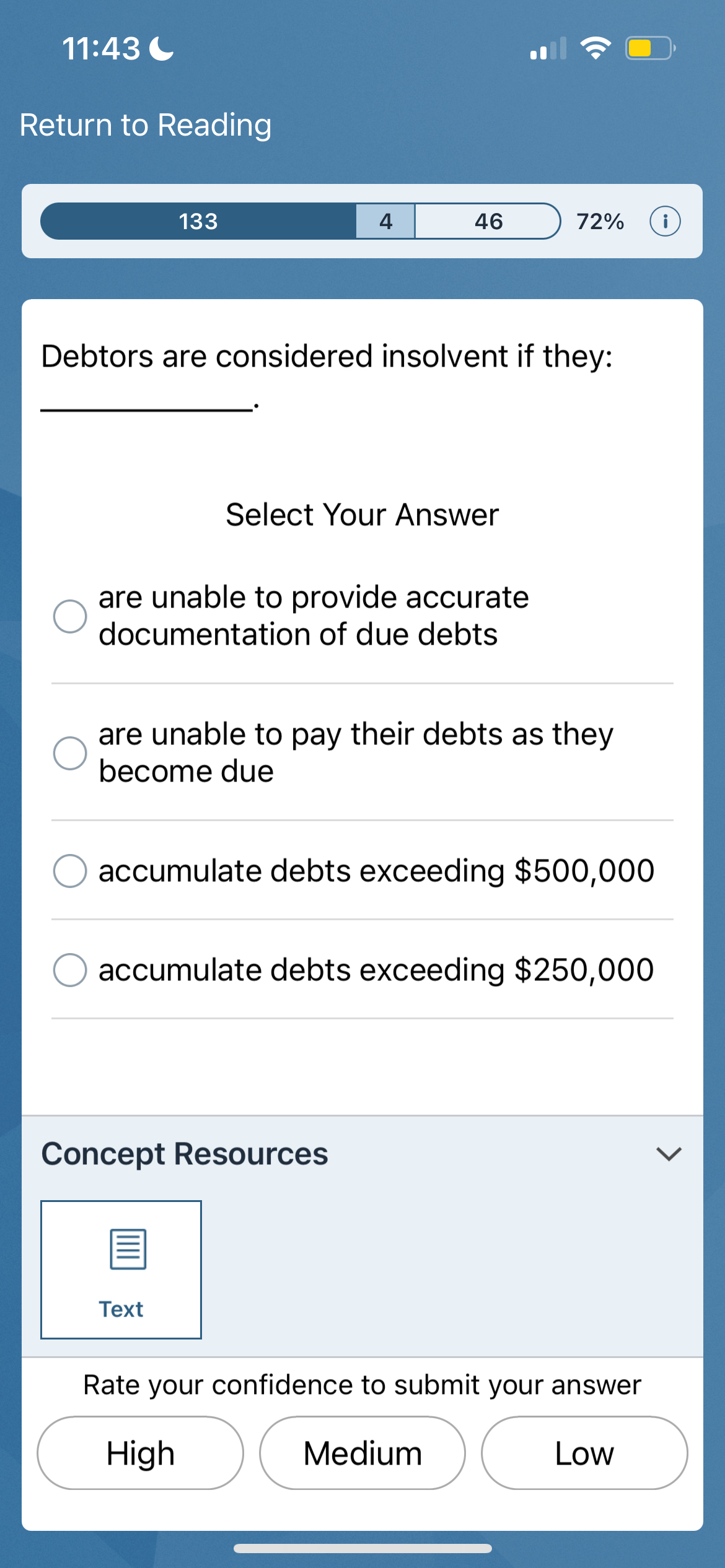  11:43 Return to Reading 133 4 46 72% Debtors are considered