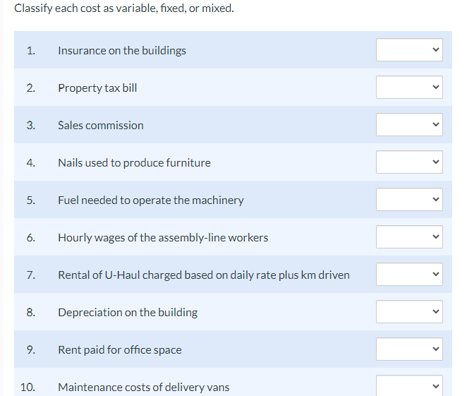  Classify each cost as variable, fixed, or mixed. Insurance on the