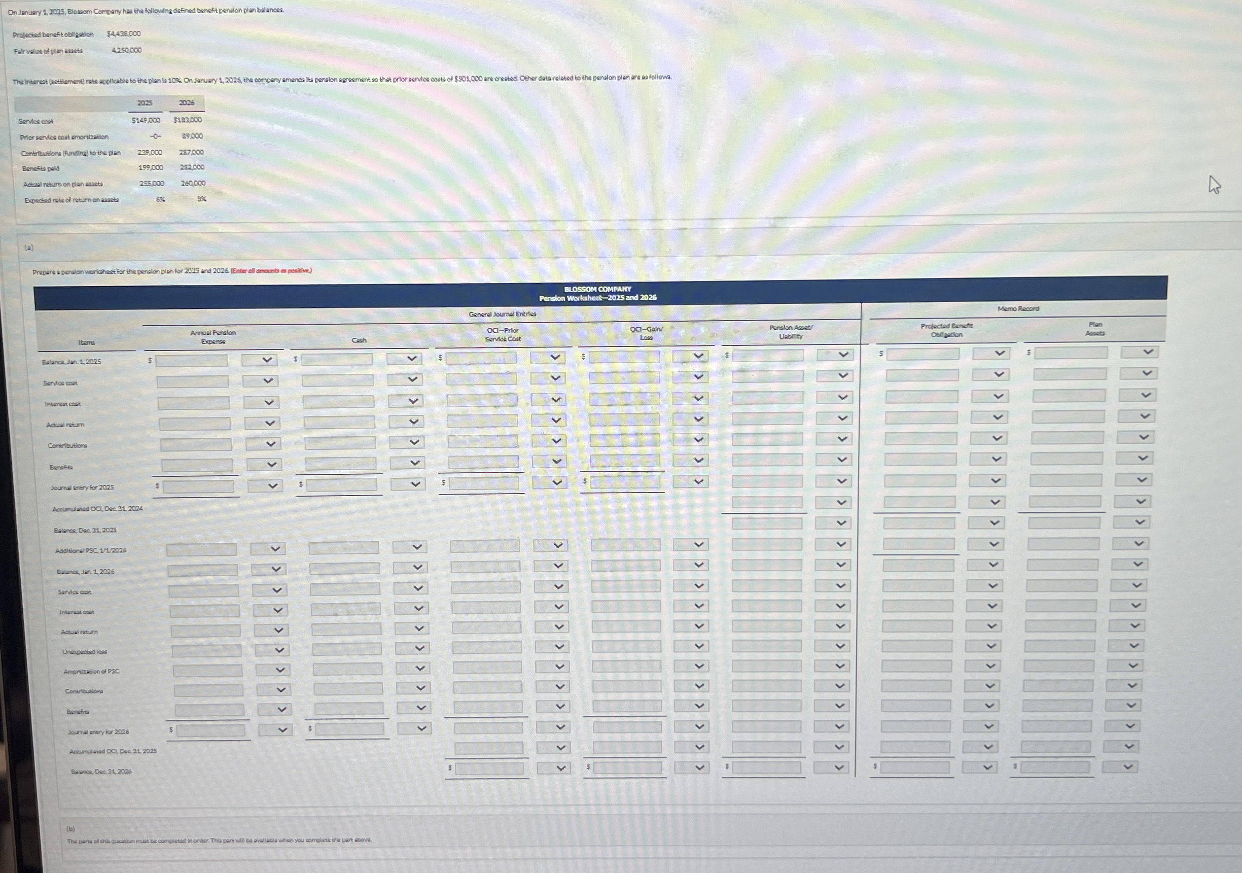  On. Jenuary 1,2025, Blowom Company has the Followina difined bensfit penslon