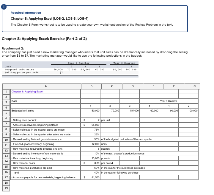 Required information Chapter 8: Applying Excel (LO8-2, LO8-3, LO8-4) The Chapter