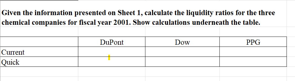  Given the information presented on Sheet 1, calculate the liquidity ratios