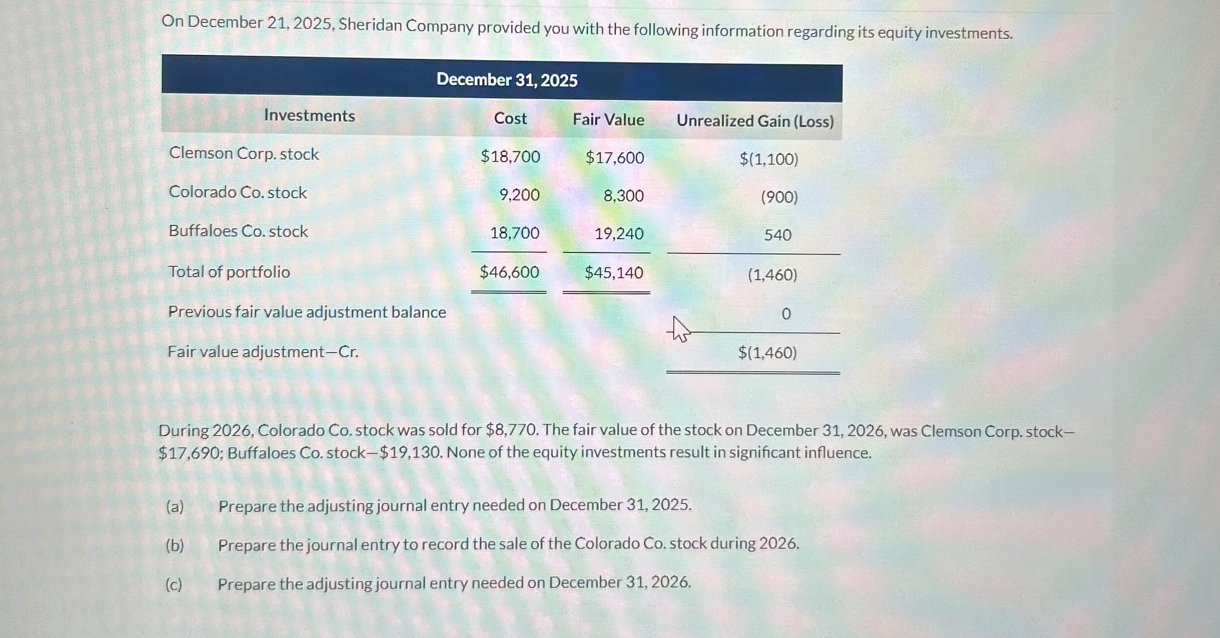 On December 21,2025, Sheridan Company provided you with the following information