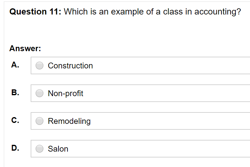 Question 11: Which is an example of a class in accounting?