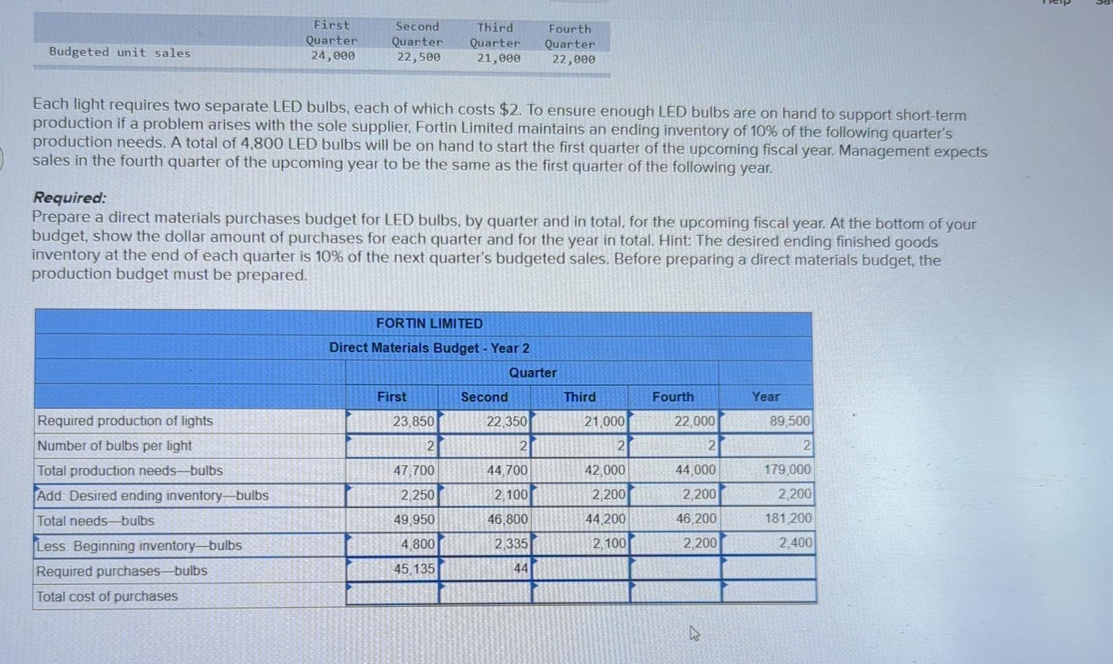  \table[[,First,Second,Third,Fourth],[Budgeted unit sales,Quarter,Quarter,Quarter,Quarter]] Each light requires two separate LED bulbs, each