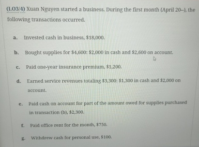  (LO3/4) Xuan Nguyen started a business. During the first month (April