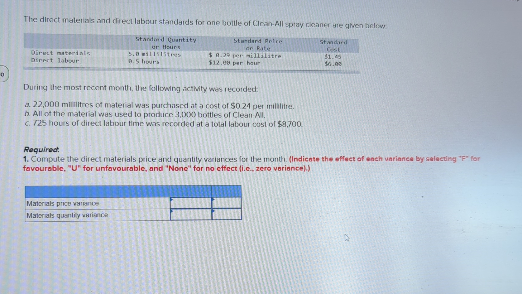  The direct materials and direct labour standards for one bottle of