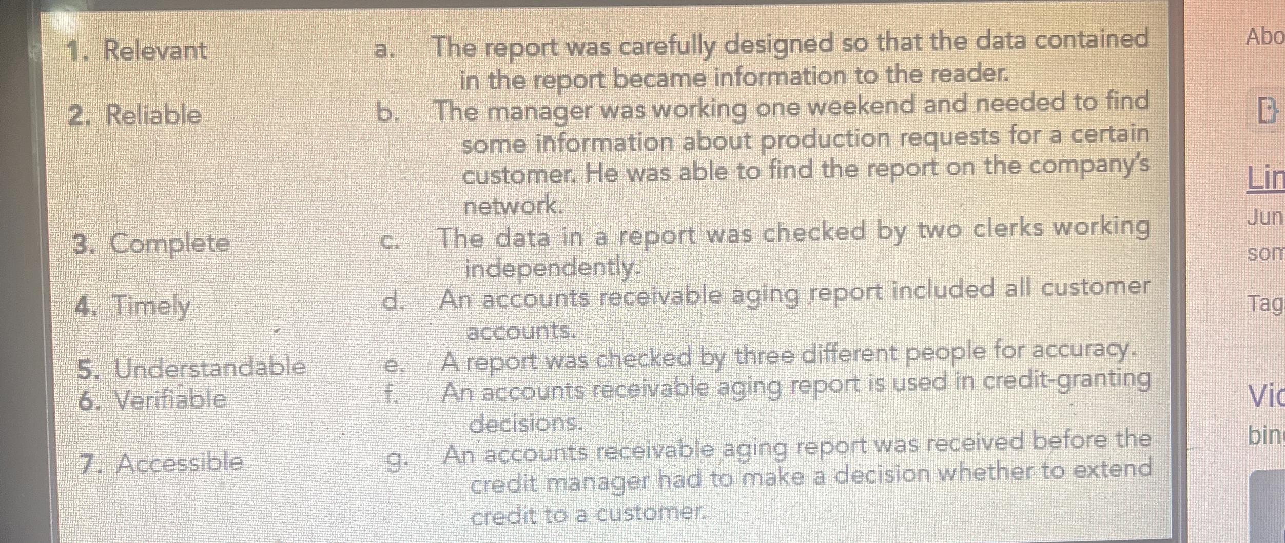  Relevant Reliable Complete Timely Understandable Verifiable Accessible a. The report was