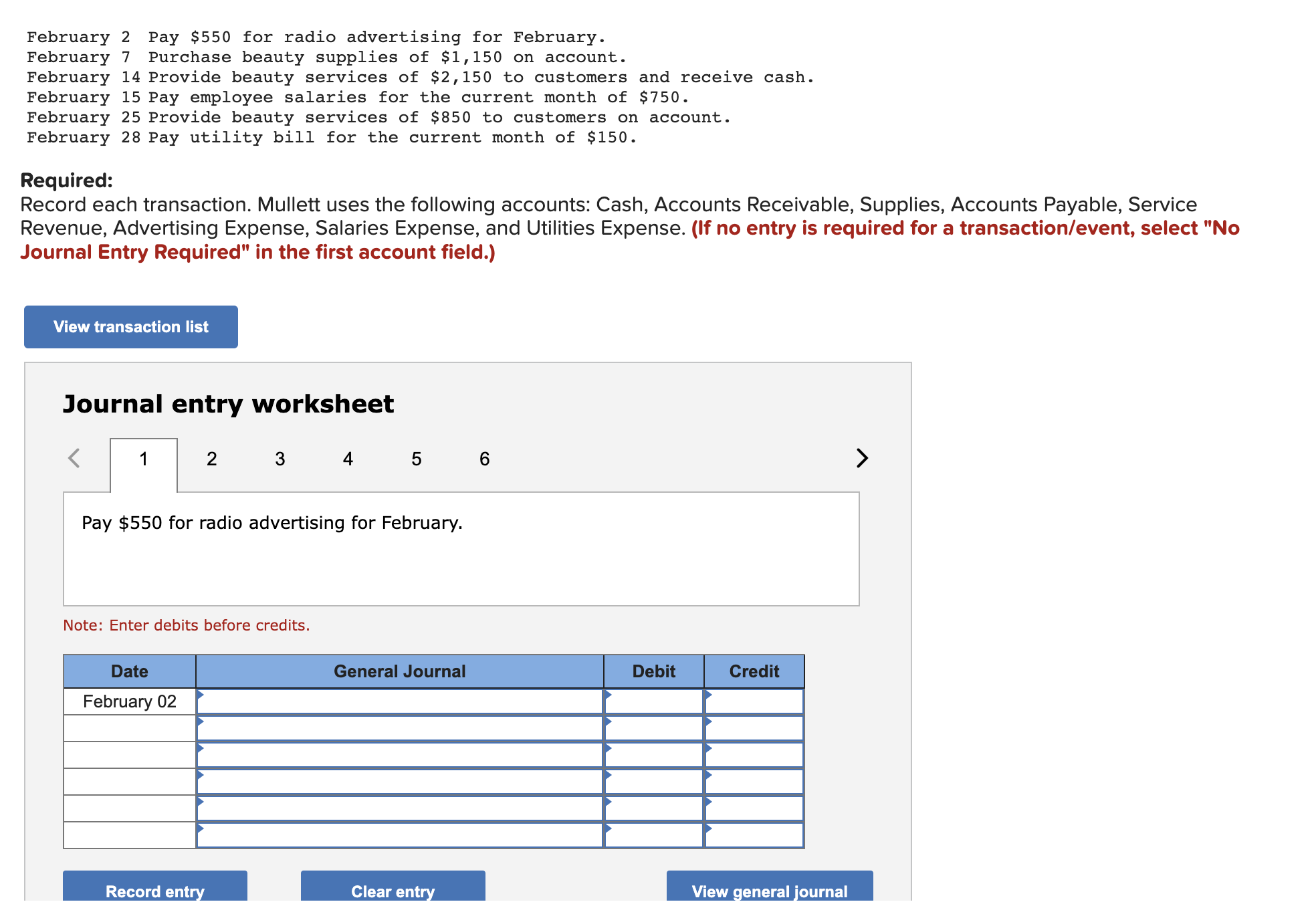 for radio advertising for February. February 7 Purchase beauty supplies of $1,150