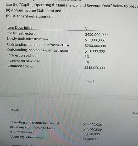  Use the "Capital, Operating & Maintenance, and Revenue Data" below to