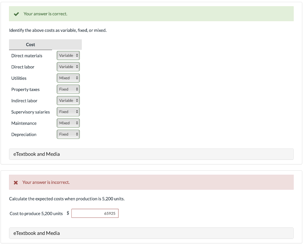  Your answer is correct. Identify the above costs as variable, fixed,