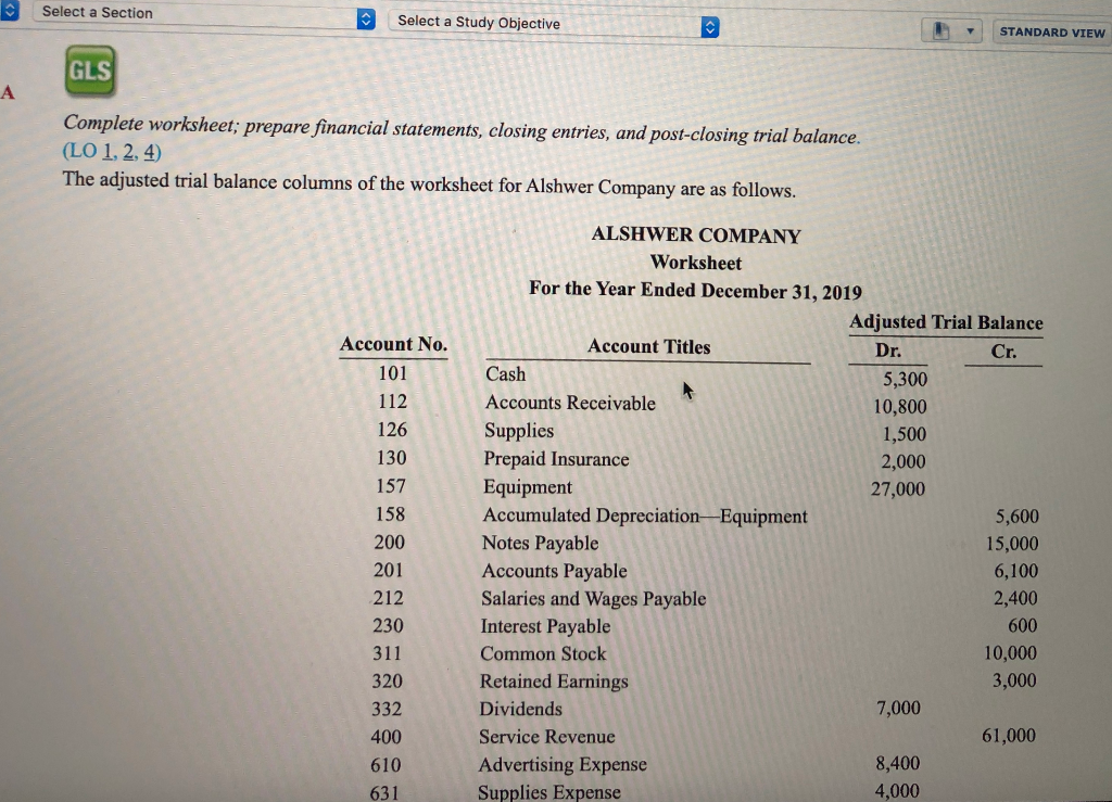  Select a Section Select a Study Objective STANDARD VIEW GLS Complete