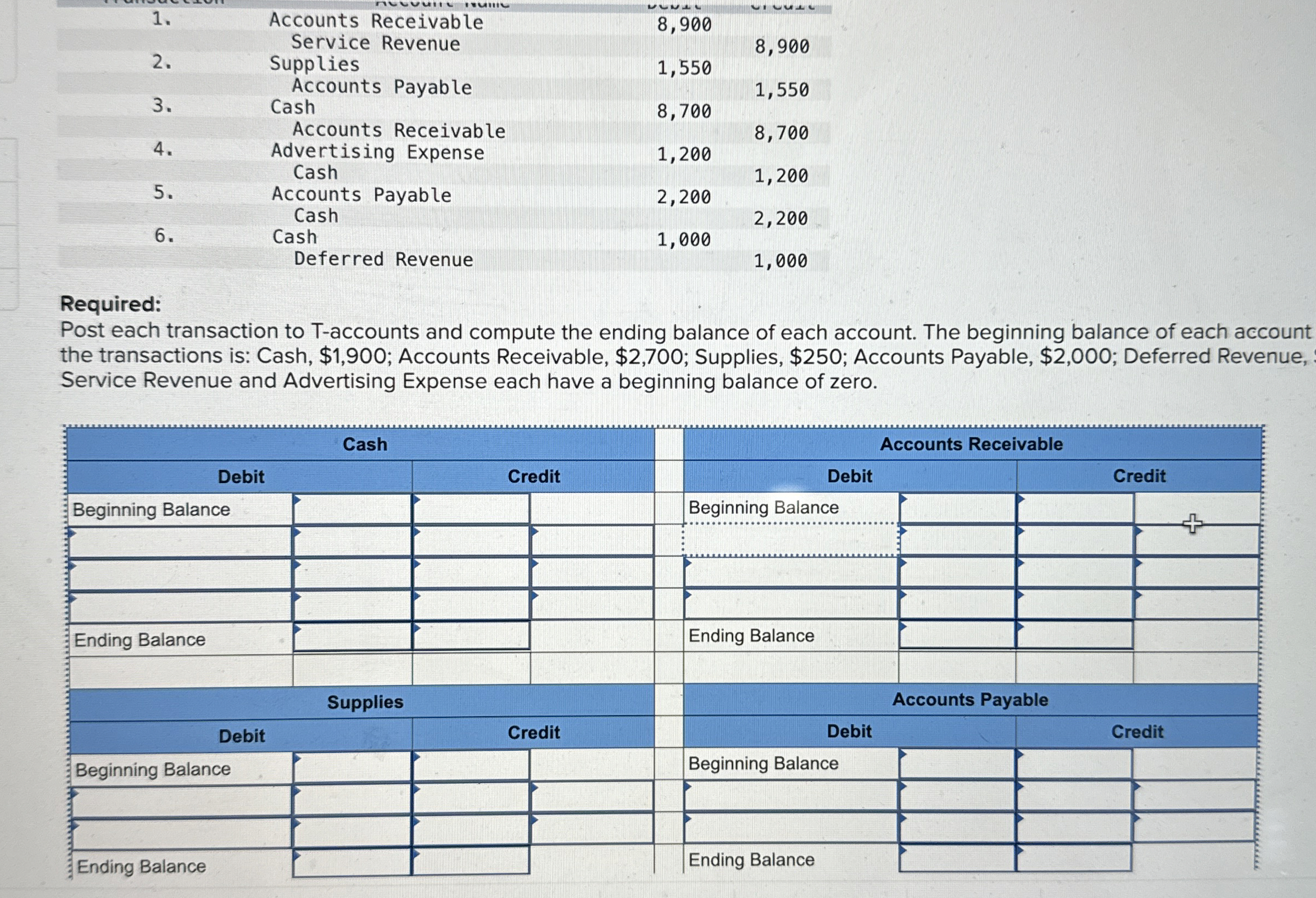 Required: Post each transaction to T-accounts and compute the ending balance